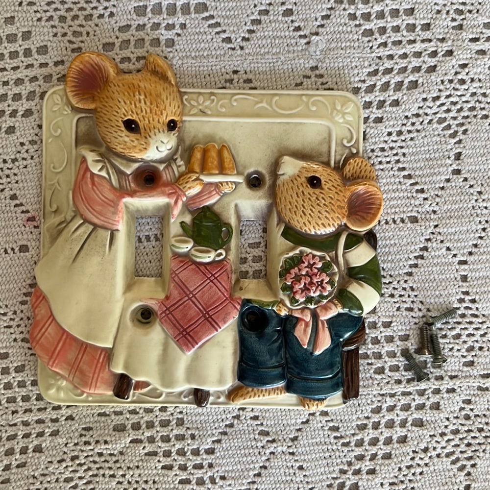 Vintage Takahashi  Ceramic  Double Light Switch Cover Mommy Mouse & Son Japan